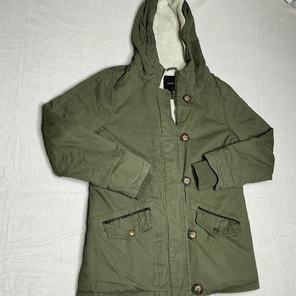 Forever 21 Olive Green Sherpa Lined Hooded Parka Jacket Women Small